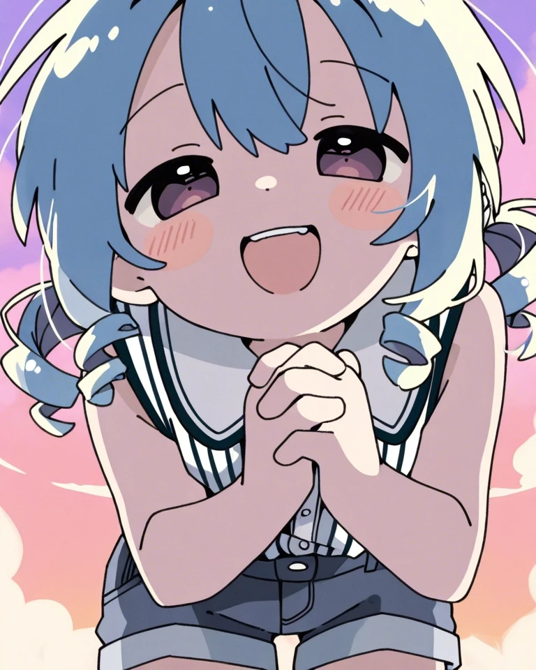 Example result. Prompt: 1girl, subtle smile, light violet-blue hair, curly hair, sleeveless blouse, collared blouse, striped blouse, hazel eyes, denim shorts,…