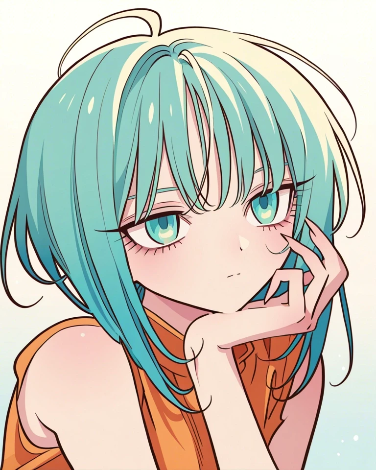 Example result. Prompt: 1girl, teal hair, inverted bob, sleeveless shirt, orange shirt, aqua eyes, resting chin on hand, gradient background, masterpiece,…