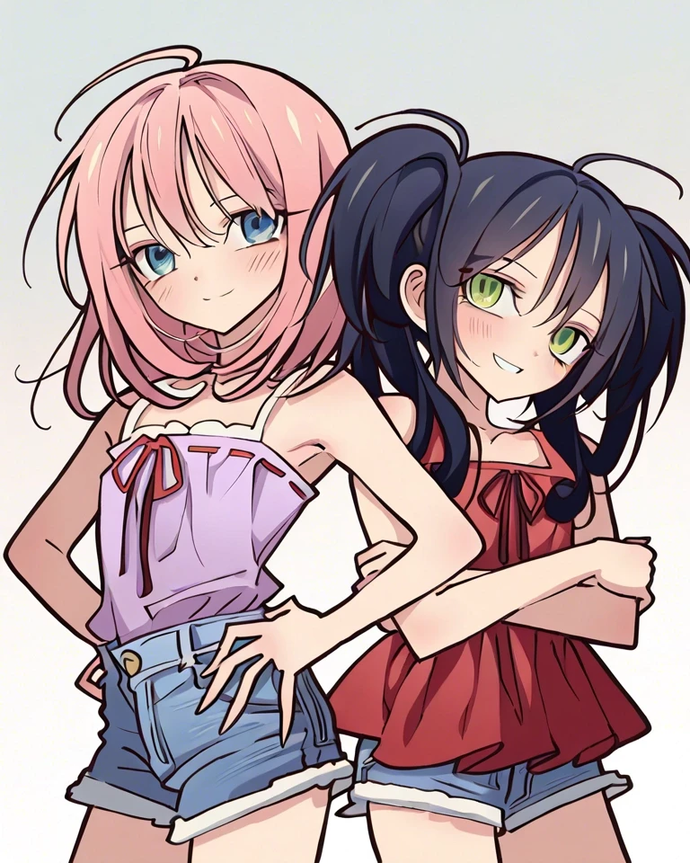Example result. Prompt: 2girls, duo, shoulder to shoulder, looking at viewer, left_girl has (short pink hair, purple shirt, hugging own arms, blue eyes),…