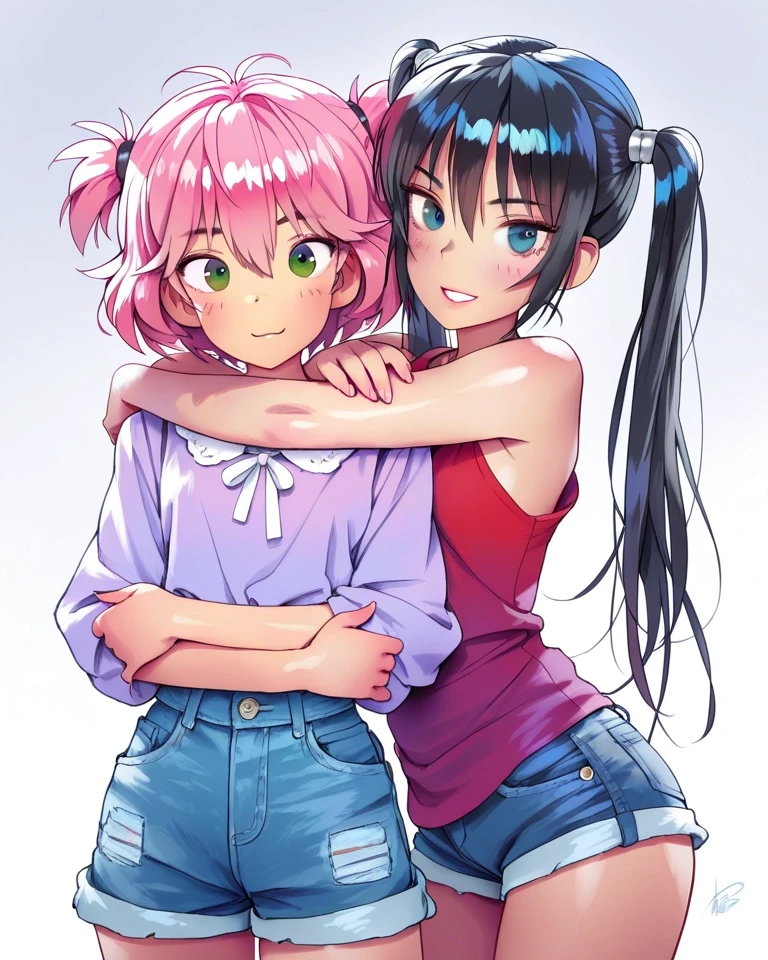 Example result. Prompt: 2girls, duo, shoulder to shoulder, looking at viewer, left_girl has (short pink hair, purple shirt, hugging own arms, blue eyes),…