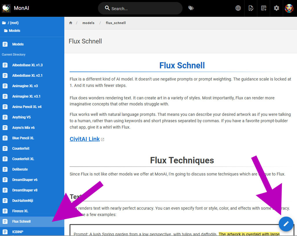 How to add to a Wiki page: Select the page for the AI model you used to make the artwork, then tap the blue pencil button to edit the page.