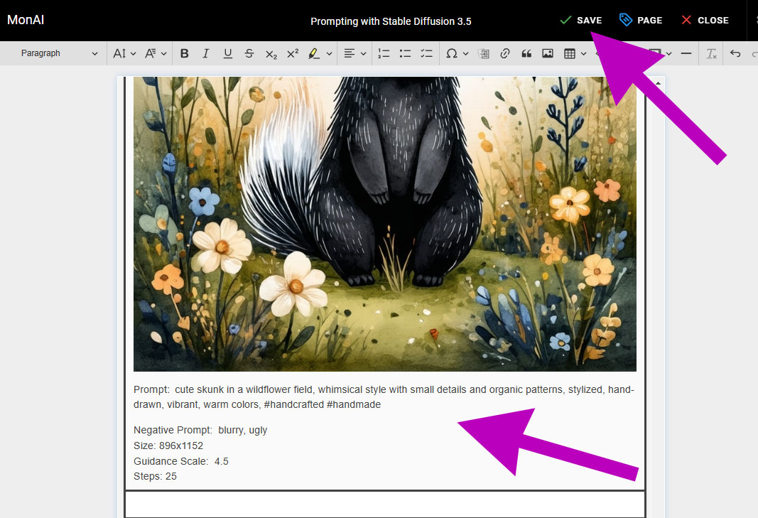 How to add to a Wiki page: Once the image is inserted, add your prompt and rendering data below. You can copy the data from the image above for reference. When you are done, tap SAVE