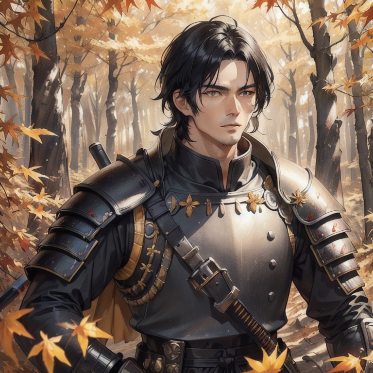 Example result. Prompt: handsome (samurai) warrior, long black hair, wearing black leather armor over a deep red shirt, (close up:1.2), in a (yellow autumn…