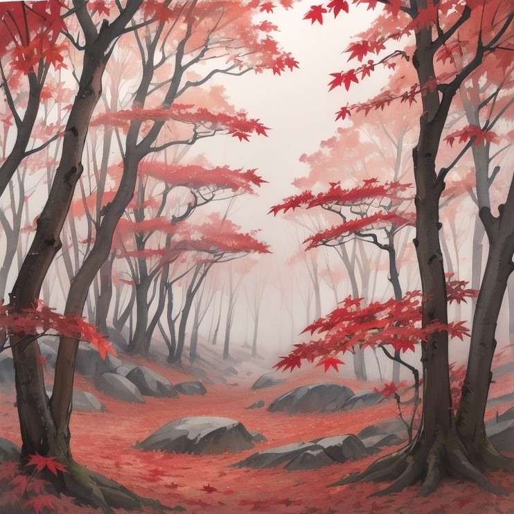 Example result. Prompt: beautiful red maple leaves, in a foggy autumn forest, watercolor Negative Prompt: ugly, blurry, (worst quality, low quality, bad…