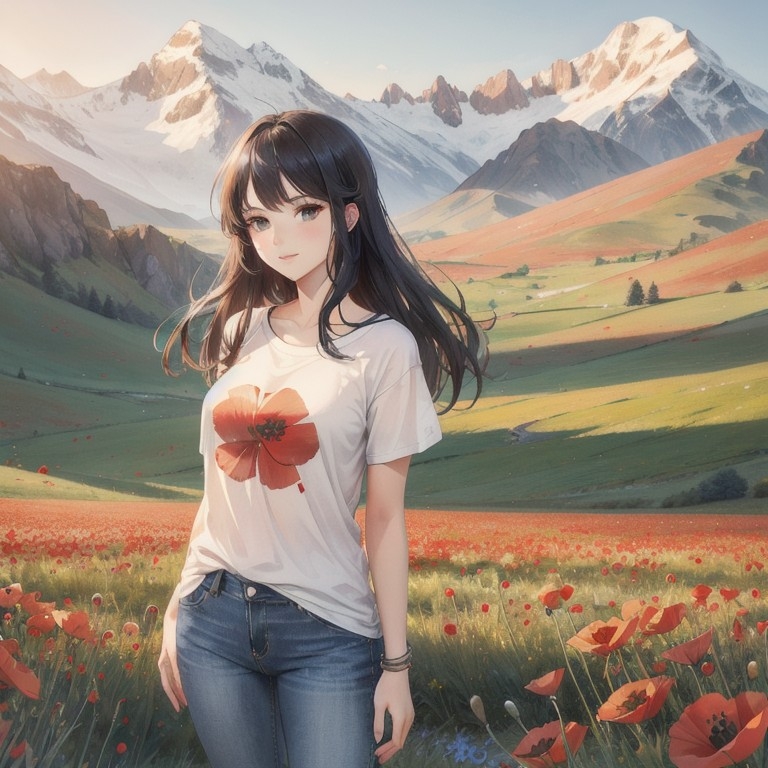 Example result. Prompt: beautiful woman wearing a T-shirt and jeans, standing in a poppy field, mountains in the background, at dusk, beautiful Negative…