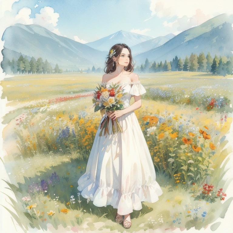 Example result. Prompt: beautiful woman holding a bouquet of wildflowers, standing in a wildflower field, (watercolor:1.1), best quality Negative Prompt:…
