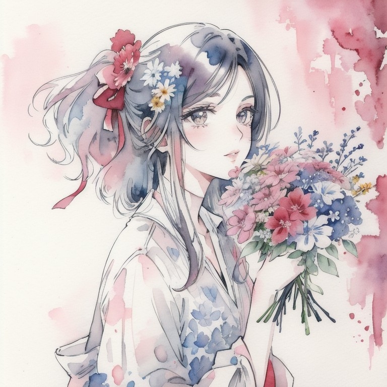 Example result. Prompt: beautiful woman holding a bouquet of wildflowers, highly detailed, ink wash, (watercolor:1.1), best quality Negative Prompt:…