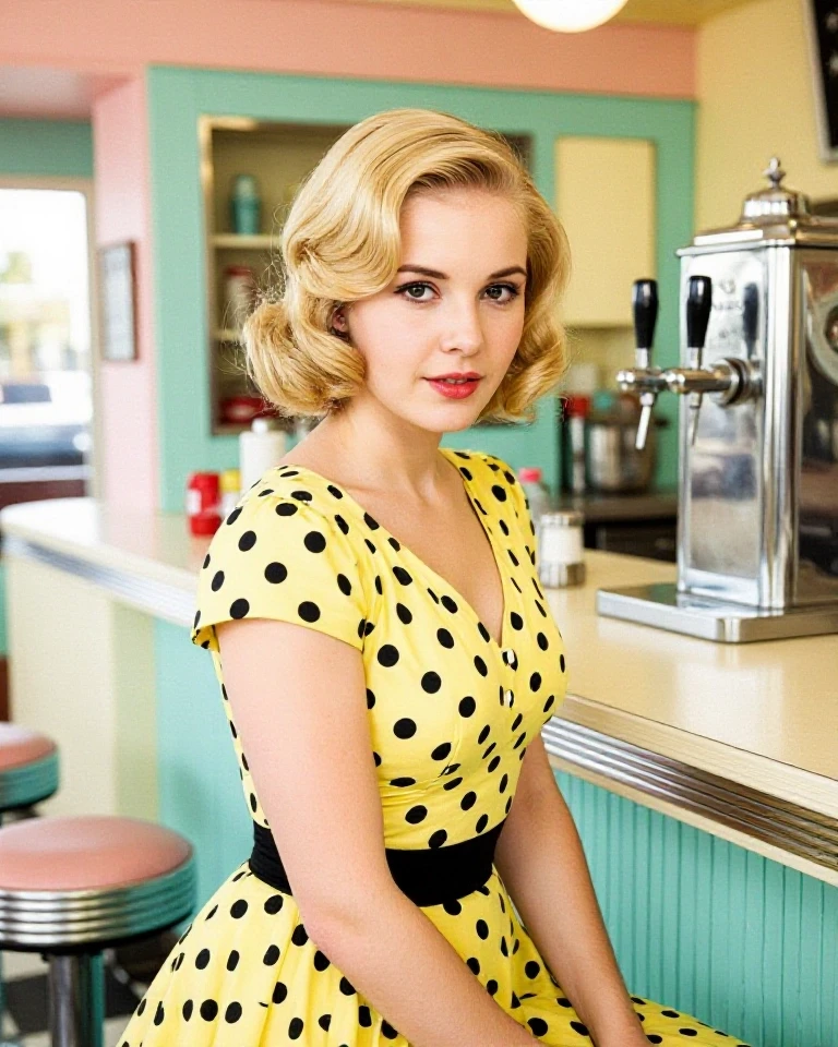Example result. Prompt: A beautiful young blonde woman with a 1940s short hairstyle and a cute yellow dress with black polka dots, sitting on a stool at the…