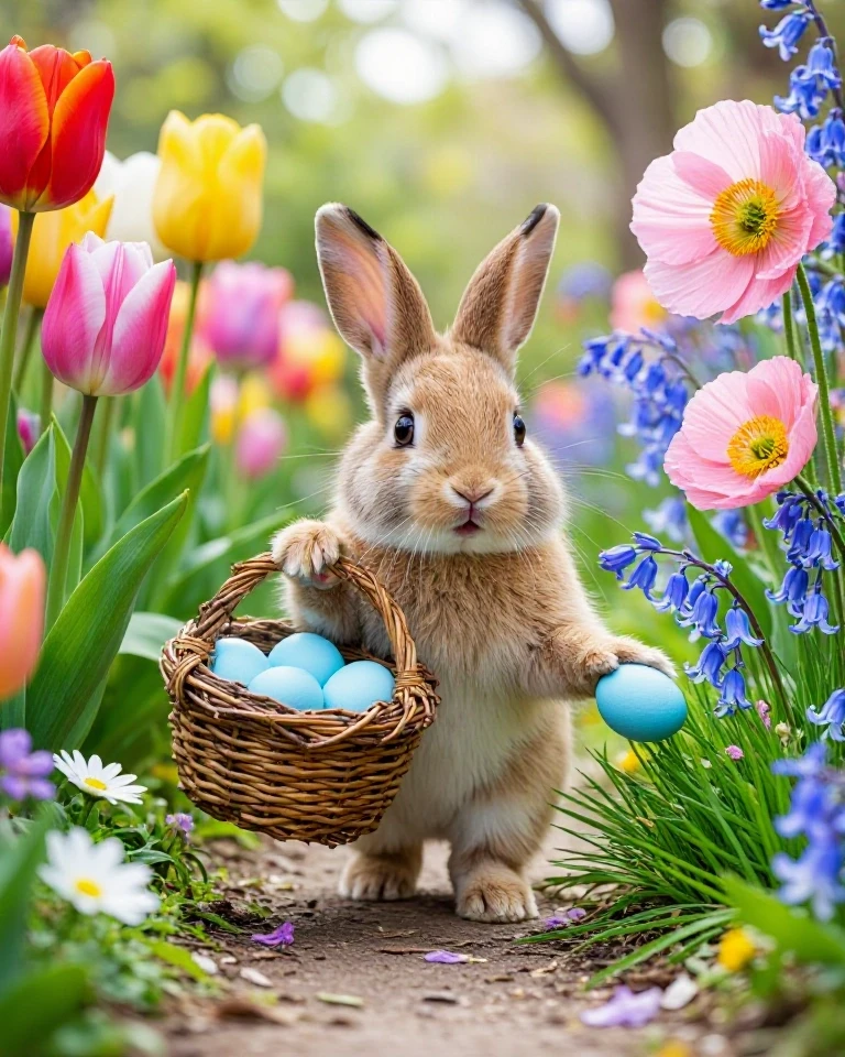 Example result. Prompt: a cute light brown rabbit is walking down a path through a spring garden with colorful tulips including parrot tulips, pink icelandic…