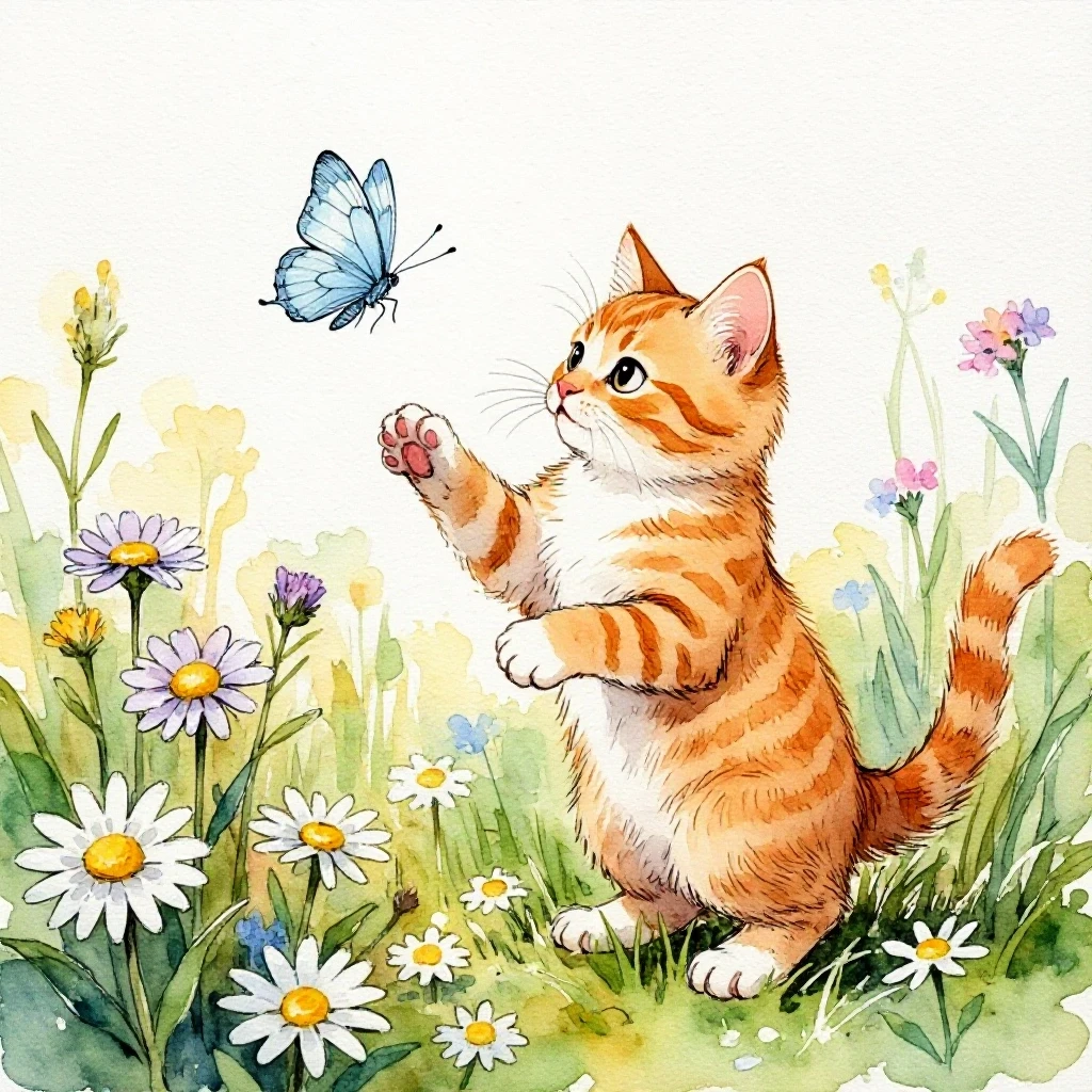 Example result. Prompt: a ginger kitten playing in a wildflower field in the sun, standing on her hind legs reaching for a pale blue butterfly. Painterly…