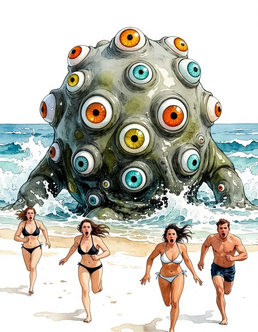 Example result. Prompt: a large blob-like creature with a dozen eyes in various places all over the creature's body. Some of the eyes are larger, some are…
