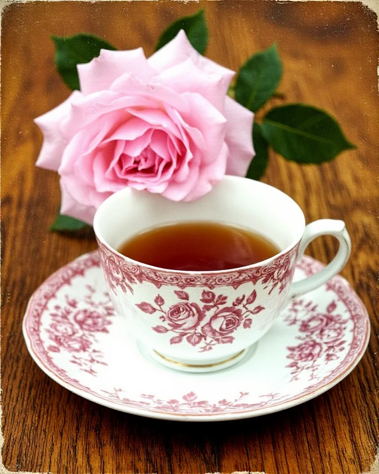 Example result. Prompt: a pink rose flower in front of a tea cup and saucer on an old wood grain table. the scene is seen from above at an angle showing the…