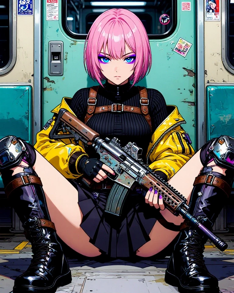 Example result. Prompt: A stylized cyberpunk anime portrait of a young woman sitting on the floor of a subway car, legs splayed toward the viewer, short blunt…