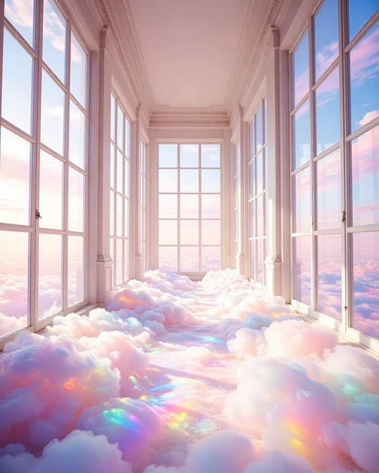 Example result. Prompt: A surreal, dreamlike interior features a long, narrow room with tall, multi-paned windows that frame a sky painted in soft pastel hues…