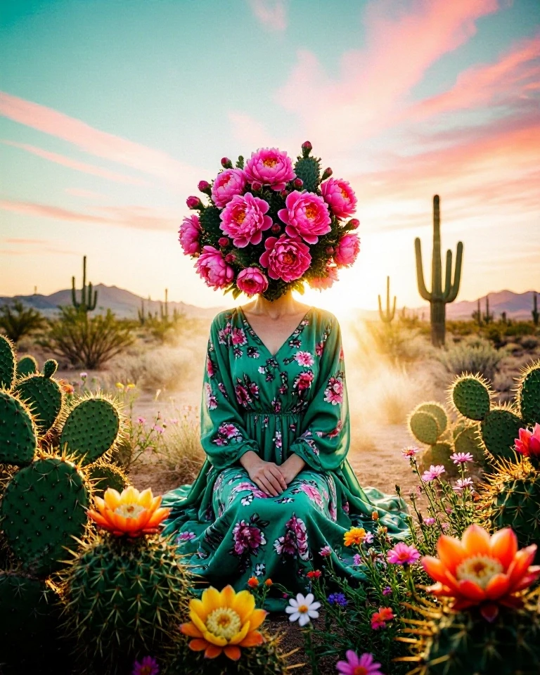 Example result. Prompt: A surreal, dreamlike desert portrait of a seated feminine figure whose head is a dense bouquet of vibrant pink cactus flowers and…