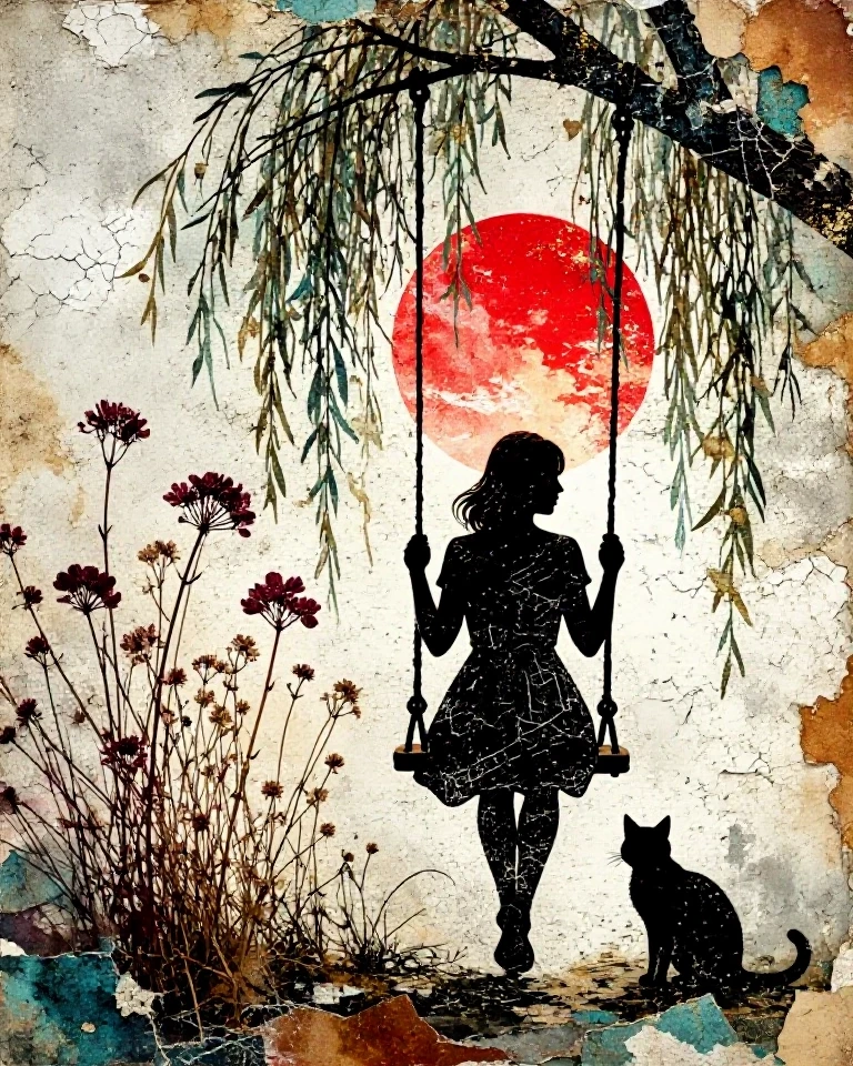 Example result. Prompt: a tree swing hangs from the branch of a willow tree. a woman is sitting on the swing, with a cat on the ground beside her. the scene…