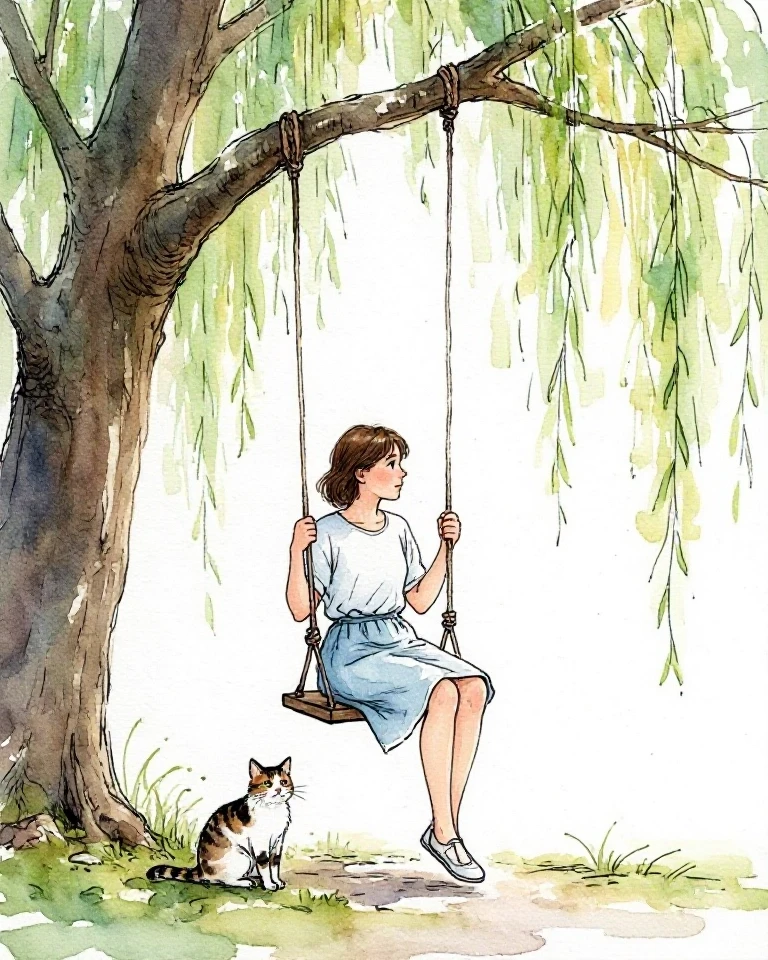 Example result. Prompt: a tree swing hangs from the branch of a willow tree. a woman is sitting on the swing, with a cat on the ground beside her. Painterly…