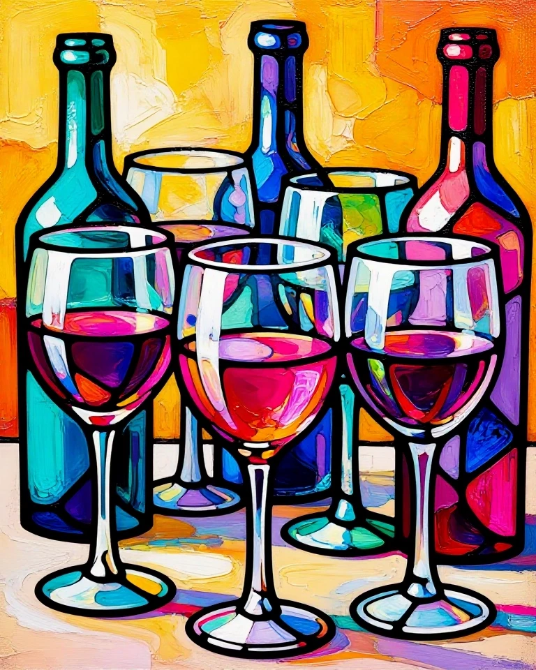 Example result. Prompt: A vibrant still life of wine glasses and bottles arranged on a tabletop. the perspective has been flattened, creating overlapping and…