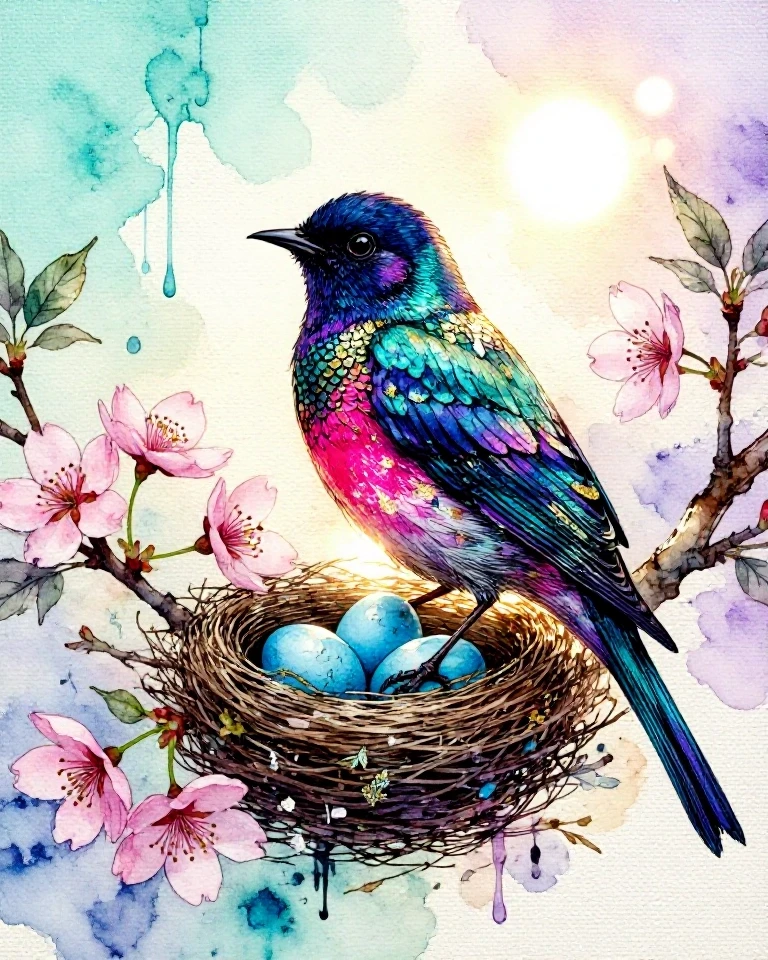 Example result. Prompt: A whimsical, painterly songbird perched in a nest in a cherry flower tree. the nest has 3 blue eggs. three‑quarter profile, feathers…