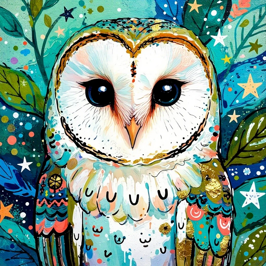 Example result. Prompt: A whimsical, painterly portrait of a barn owl with a soft heart-shaped face and large dark reflective eyes, centered in a vertical…