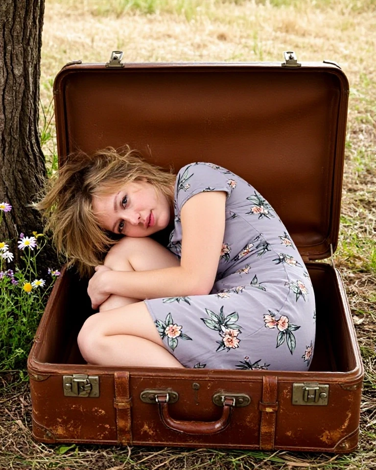 Example result. Prompt: a woman laying inside a huge vintage suitcase. the suitcase is rich taupe leather with scuff marks and buckled straps on each side of…