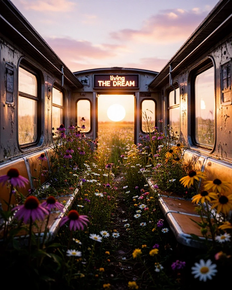 Example result. Prompt: Abandoned subway car sitting in the middle of a vast wildflower meadow at golden hour, interior slowly reclaimed by nature with tall…