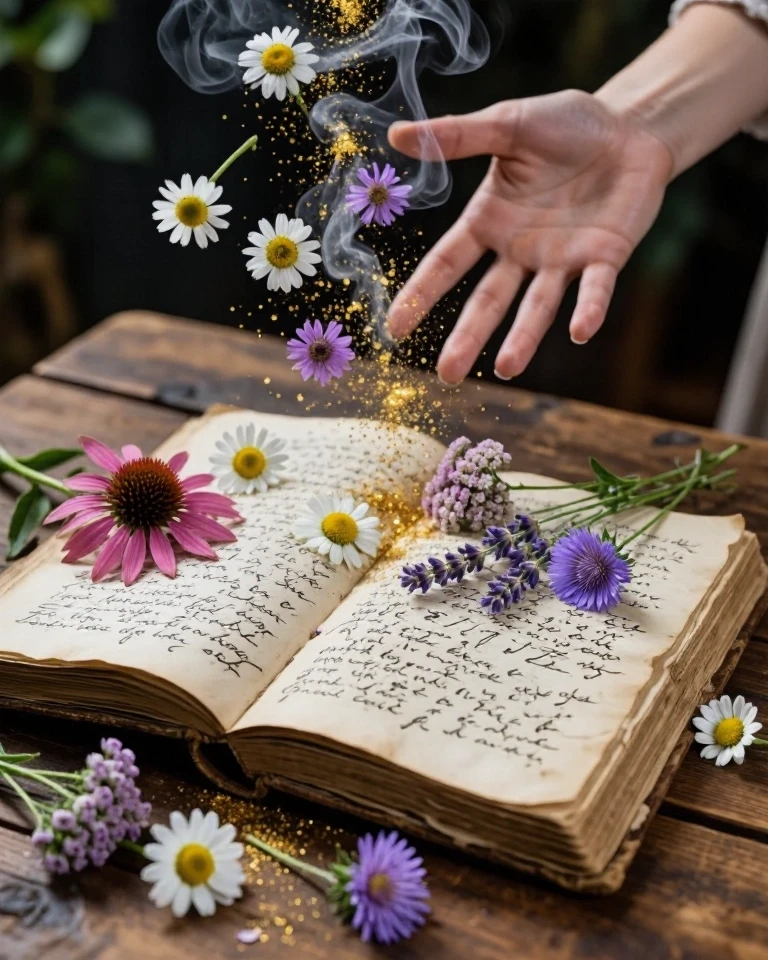 Example result. Prompt: an ancient book of handwritten recipes for potions sits open on a wooden table, facing away from the viewer, viewed from the side.…