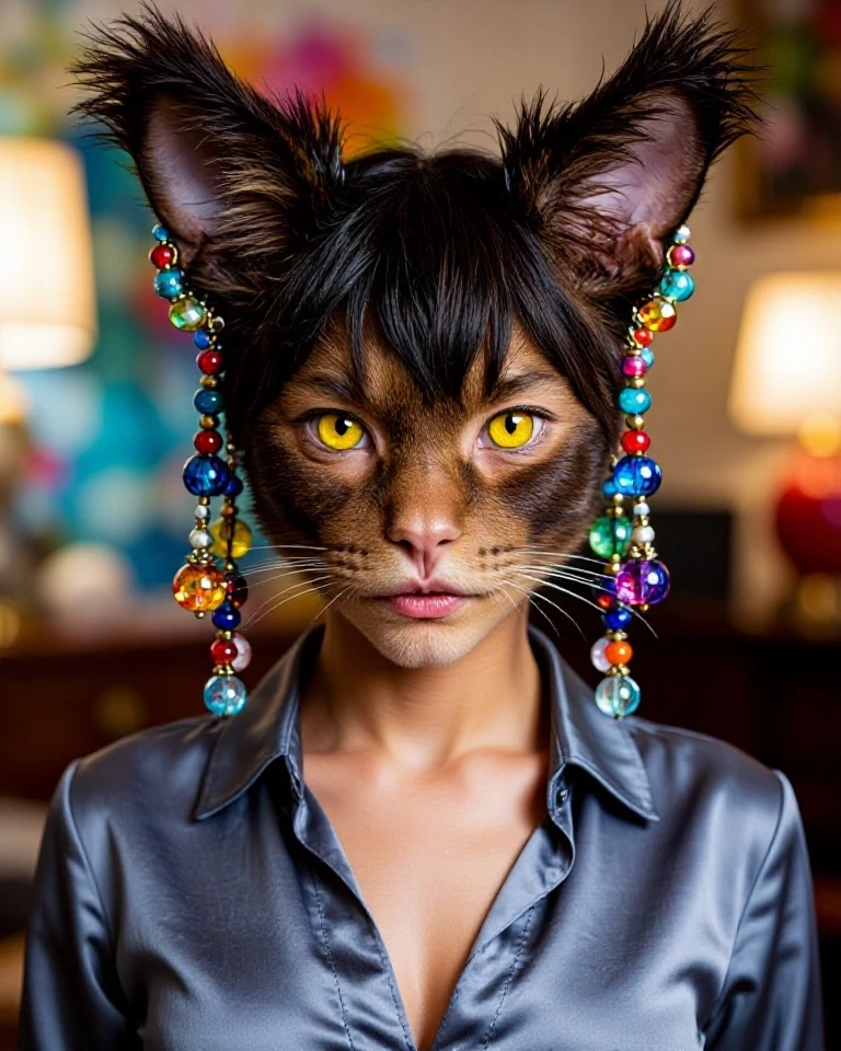 Example result. Prompt: anthropomorphic cat-woman with wide cat ears tipped with dark tufts. her cat ears are decorated with long earrings made of colorful…