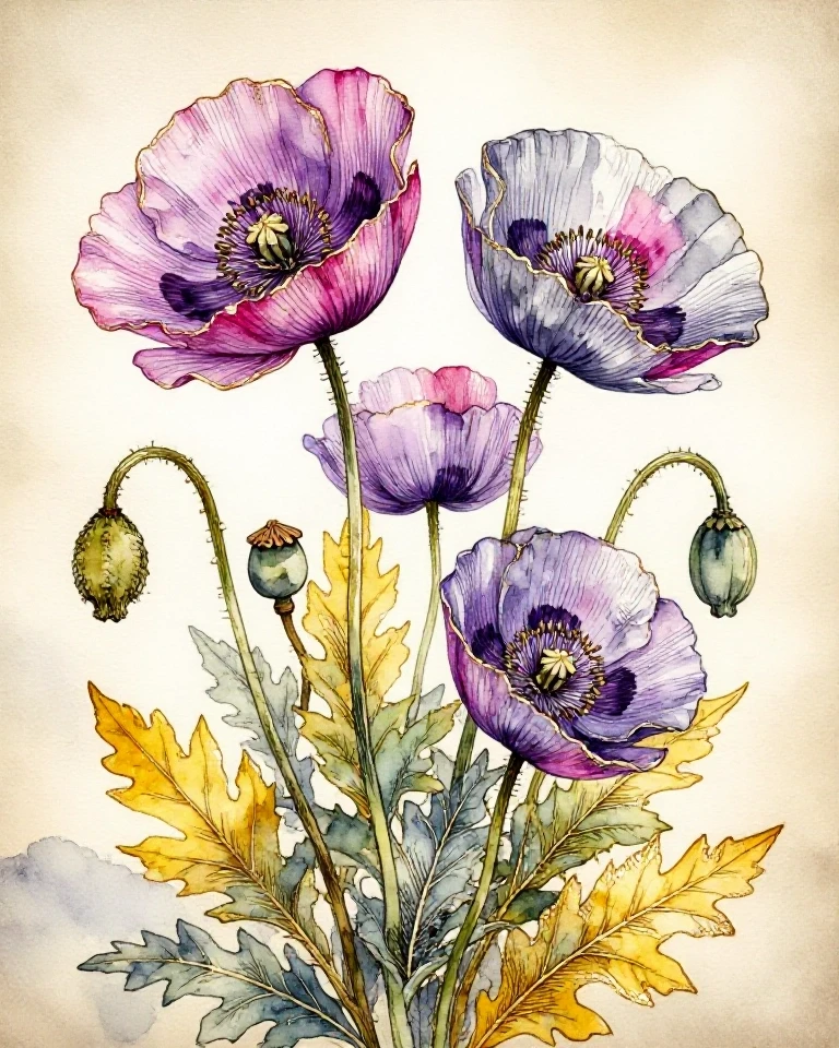 Example result. Prompt: Botanical painting of poppies and wildflowers in a dreamy, ethereal style: translucent petals in warm purple and cool-purple with…