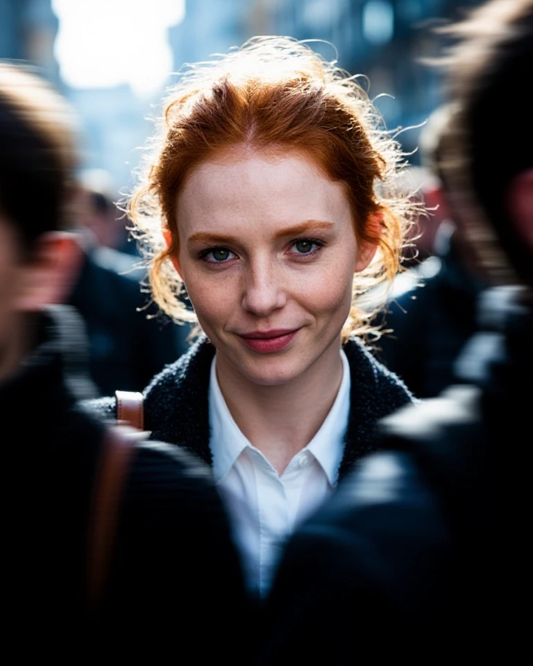 Example result. Prompt: Cinematic street portrait of a beautiful woman with red hair worn up and faint freckles, her face tilted slightly, staring directly…