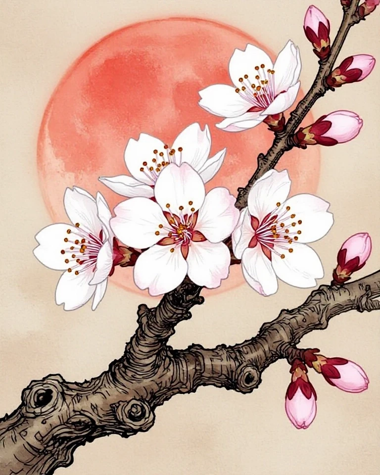 Example result. Prompt: close up of cherry blossom flowers on a gnarled and twisted branch. a big hazy reddish moon in the background. ink drawing with…