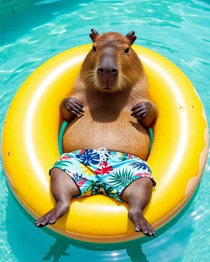 Example result. Prompt: cute capybara wearing tropical print swim trunks, laying on a yellow donut pool float in the middle of a big aqua swimming pool,…