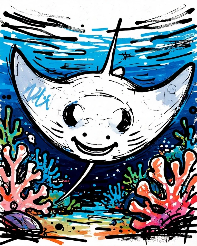 Example result. Prompt: cute manta stingray swimming in a coral reef. the image is spray painted as a neo-expressionist artwork with raw expressive brushwork,…