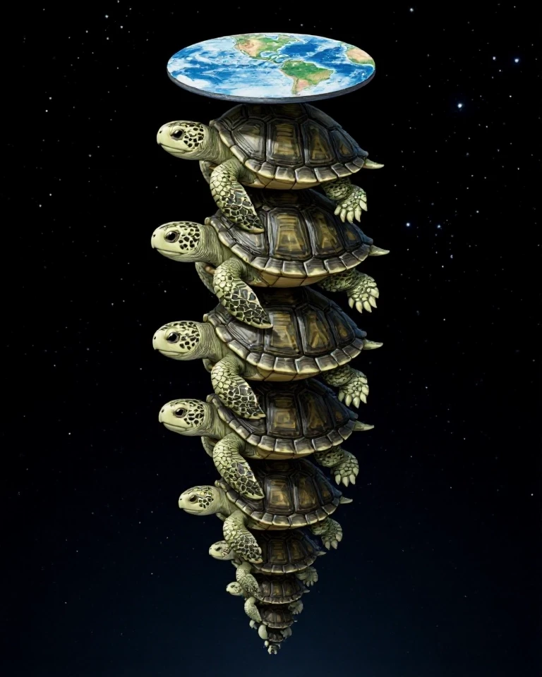 Example result. Prompt: draw a vertical stack of turtles. all the turtles should be the same size. each turtle should stand on the back of the turtle below…