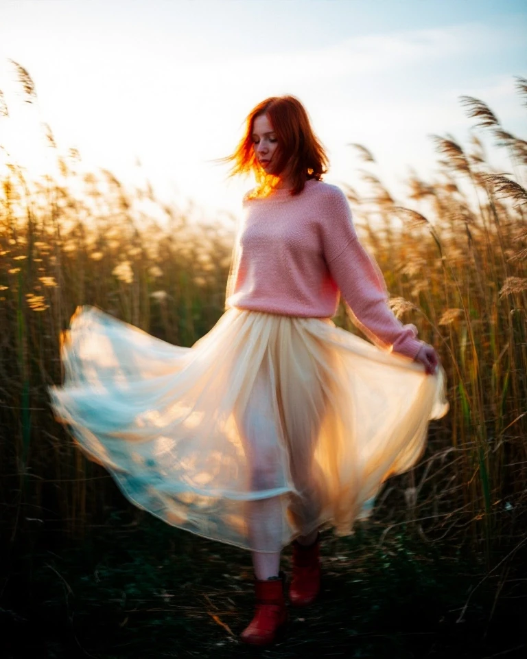 Example result. Prompt: Ethereal, dreamy long-exposure portrait of a solitary redhead walking through tall reed grasses at golden hour, wearing a flowing…