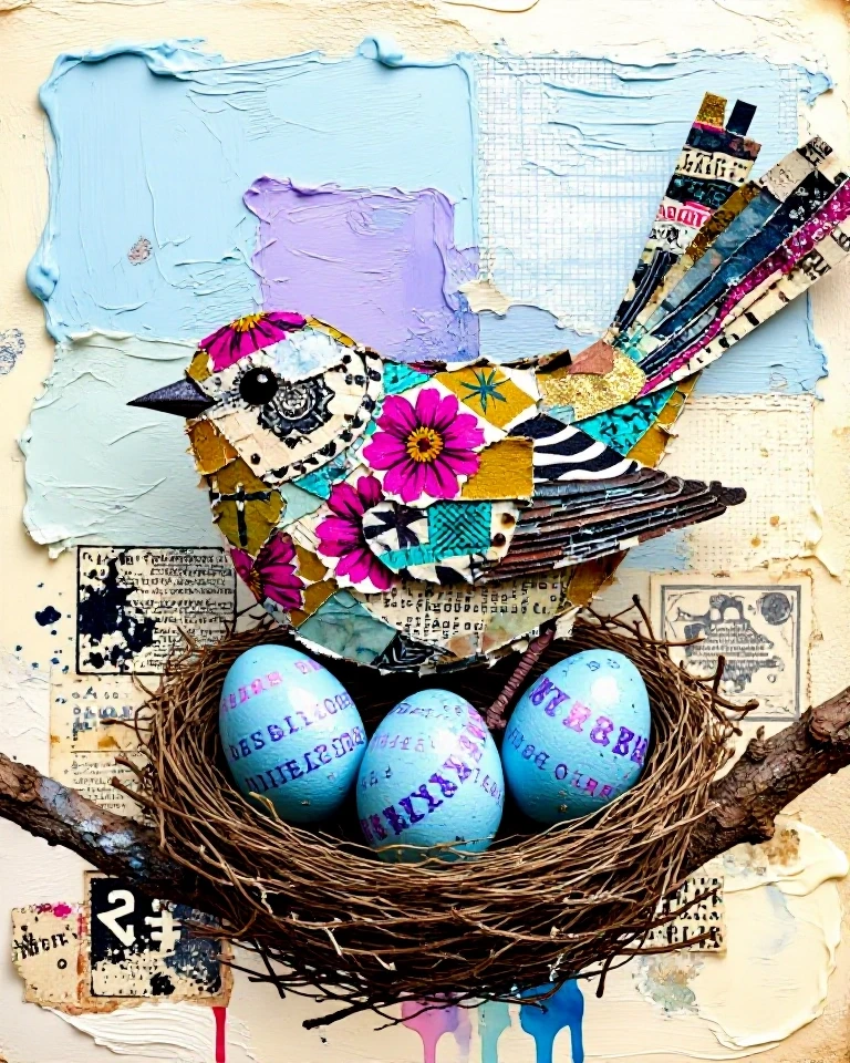 Example result. Prompt: Mixed-media collage of a stylized songbird perched in a nest with 3 blue eggs nestled on a rough branch, body created from a patchwork…