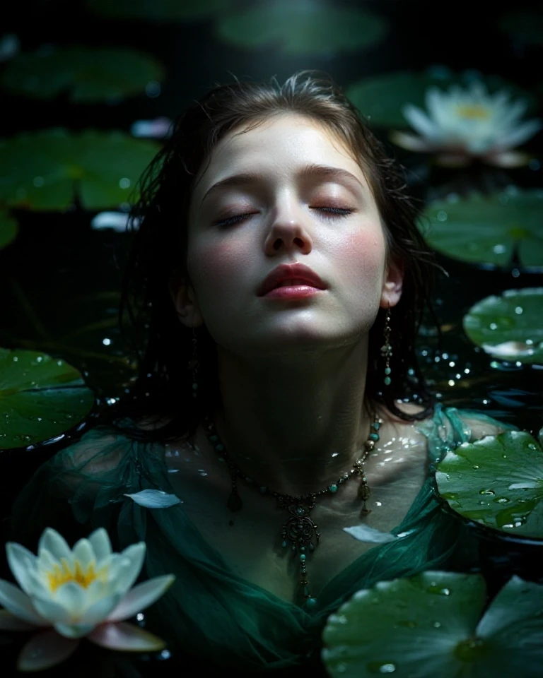 Example result. Prompt: Serene young woman floating in a dark, still pond among large green lily pads and pristine white water lilies, close-up portrait…