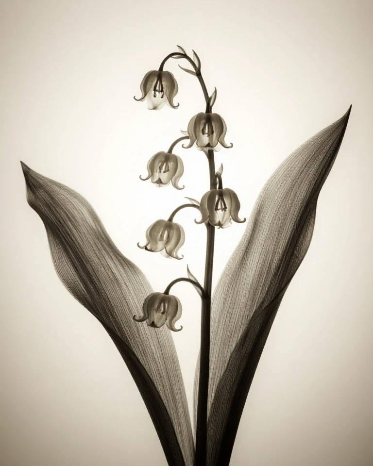 Example result. Prompt: Translucent x‑ray botanical study of a lily of the valley flower, portrait orientation, minimalist composition with ample negative…