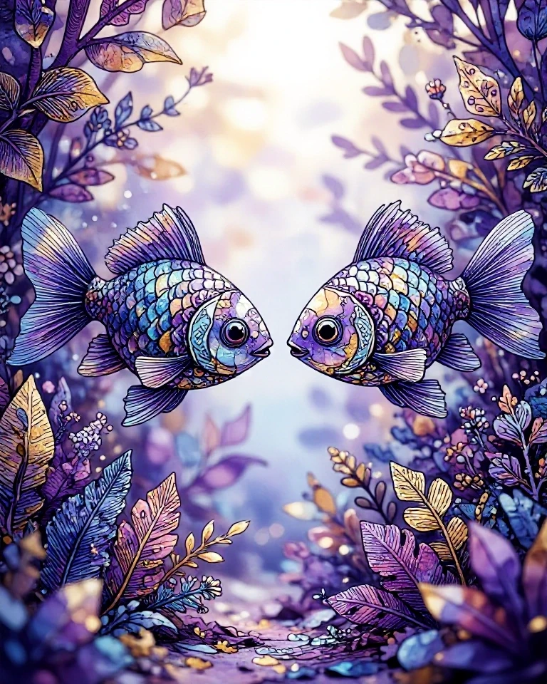 Example result. Prompt: Two whimsical, stylized goldfish drifting face-to-face in a lush underwater garden, each fish composed of intricate, geometric scales…