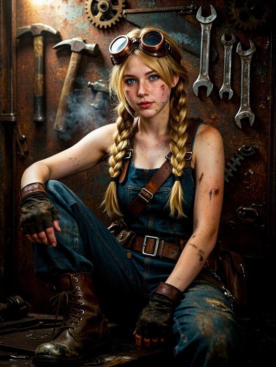 Example result. Prompt: Young female mechanic portrait, three-quarter seated pose against a rusted metal wall studded with hammers, wrenches, a hacksaw, and…