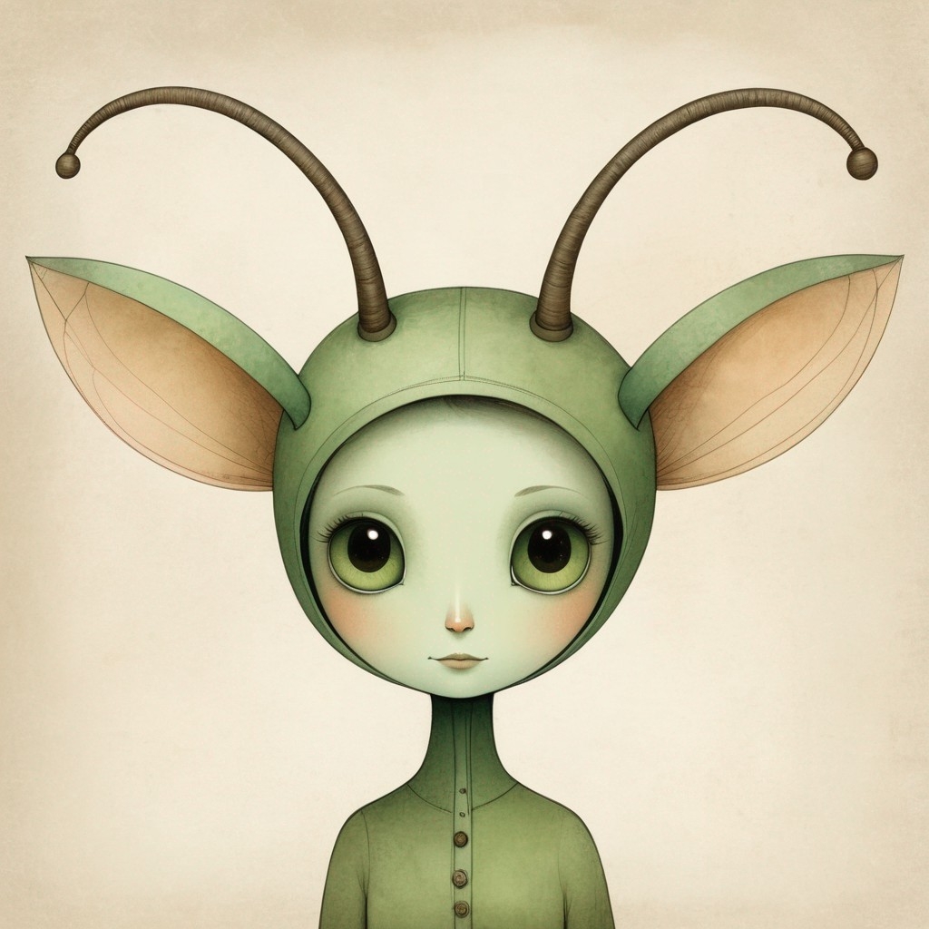 Example result. Prompt: beautiful green alien woman with big cute eyes, (big antennae, no nose:1.3), small mouth . (Jon Klassen:1.3) Negative Prompt:…