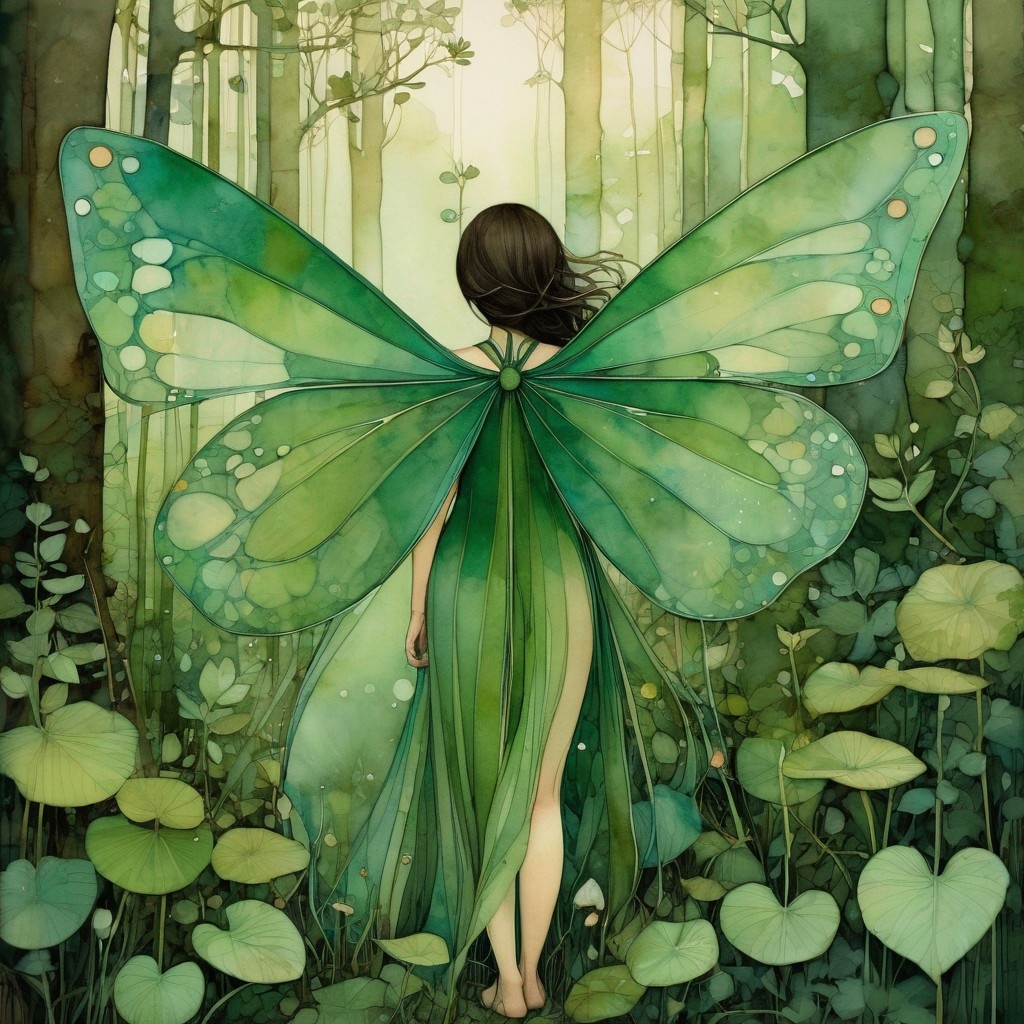 Example result. Prompt: beautiful green fairy wing wings on her back, in a lush green wilderness . (Jon Klassen,Paul Lovering:1.3), (Bill Peet, Alphonse…