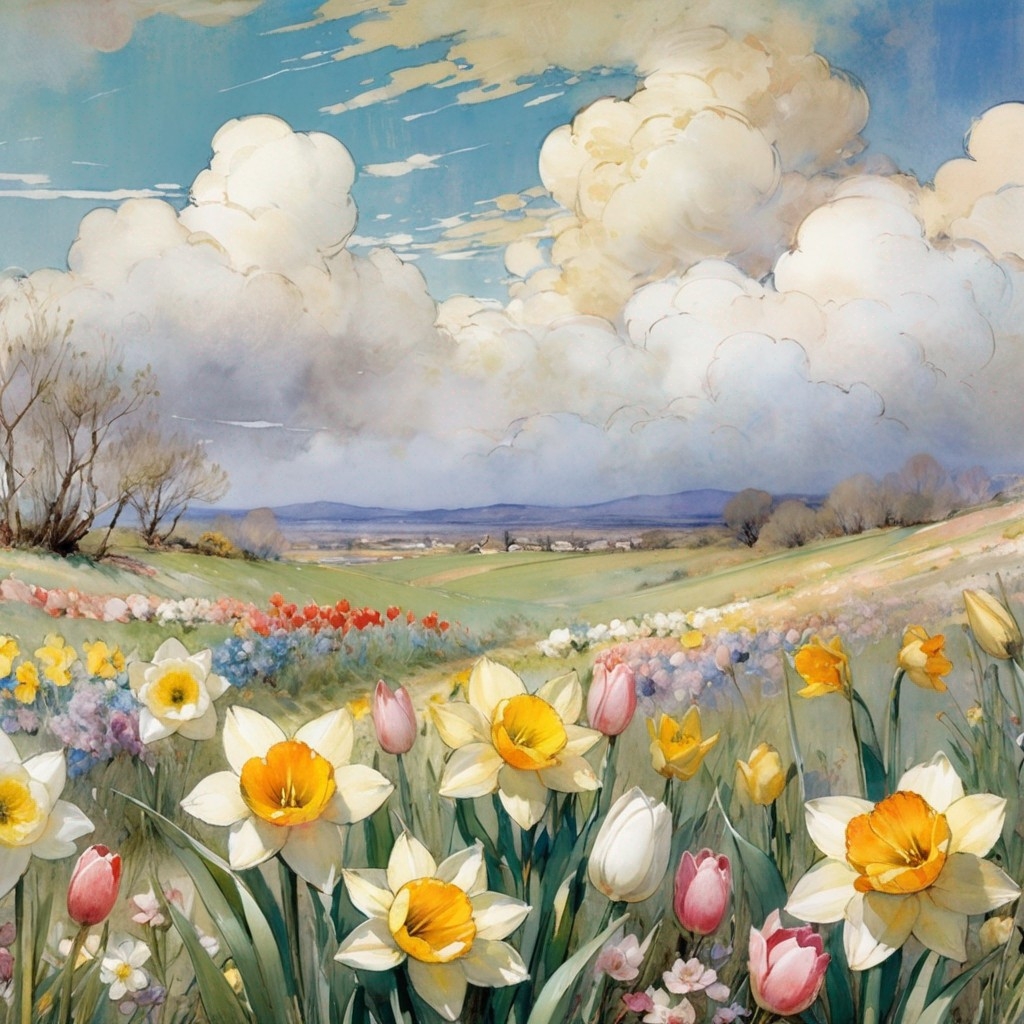 Example result. Prompt: beautiful springtime flowers, daffodils and tulips, up close, clouds in the background, (concept art illustration) . (Charles…