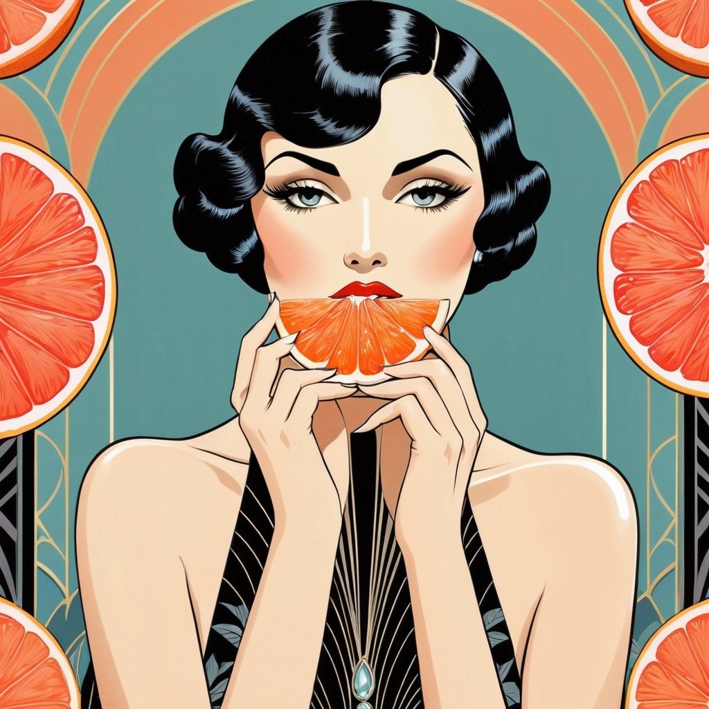 Example result. Prompt: beautiful woman, holding a grapefruit slice over her mouth, (graphic illustration style) . (Art Deco:1.2), modern, minimal, (Erté)…