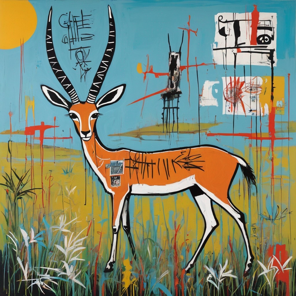 Example result. Prompt: gazelle in the grasslands, Neo-expressionism, graffiti, (Jean Michel Basquiat) Negative Prompt: (deformed, distorted, disfigured),…